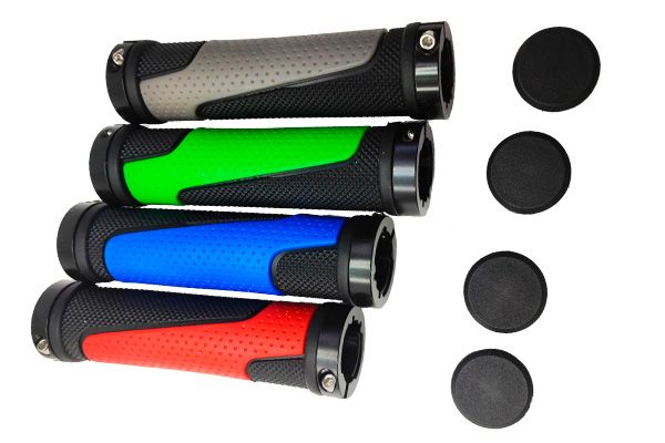 Ручка руля 130 мм (пара) черная с цвет. вставками и алюм. наконечниками, цвета: зеленый, серый, красный, синий                                                                                                                                            