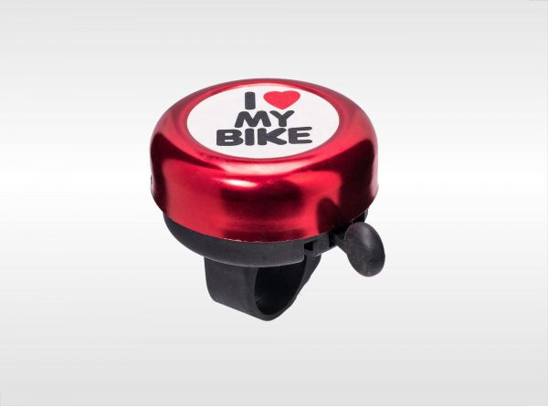 Звонок для велосипеда "I love my bike", алюминий/пластик, диаметр 55мм, мин. 60, то есть 3 коробочки по 20шт: 3черных, 4синих, 4красных, 3зеленых, 3серебр, 3золотых.                                                                                     