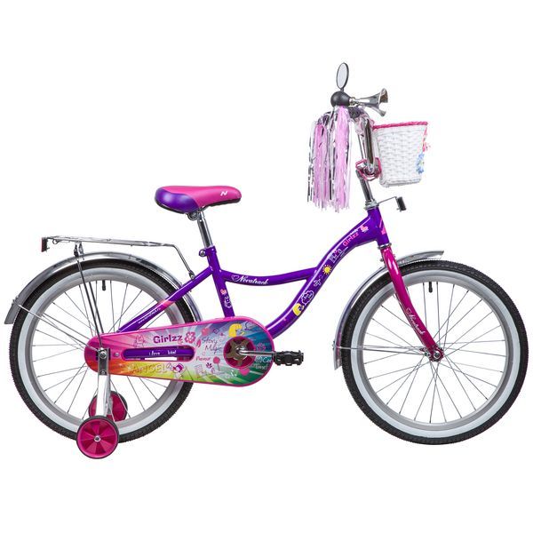 Велосипед NOVATRACK 20", LITTLE GIRLZZ, фиолетовый, тормоз нож., пер.корзина, зеркало, крылья и бага                                                                                                                                                      