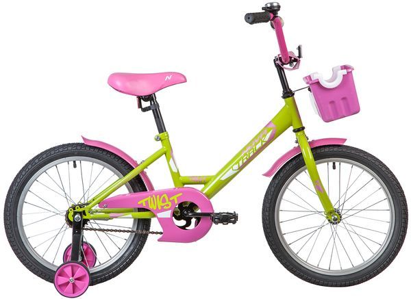 Велосипед NOVATRACK 18" TWIST зелёный, тормоз нож, крылья корот, корзина, защита А-тип                                                                                                                                                                    