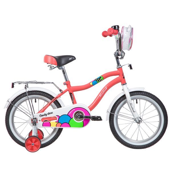 Велосипед NOVATRACK 16", CANDY, коралловый, полная защита цепи, тормоз нож., сумочка на руль, крылья                                                                                                                                                      