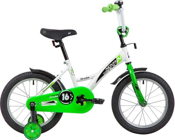 Велосипед NOVATRACK 16" STRIKE белый-зелёный, тормоз нож, крылья, багажник, полная защита цепи                                                                                                                                                            