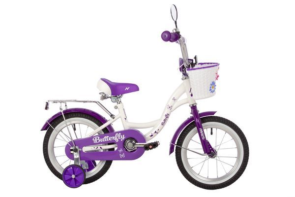 Велосипед NOVATRACK 14" BUTTERFLY белый-фиолетовый, тормоз нож, крылья и багаж хром, корз, полн защ.                                                                                                                                                      